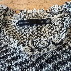 Karen Millen Black White Fringed Tweed Knit Sweater KZ043 XS Crew Neck (1332)